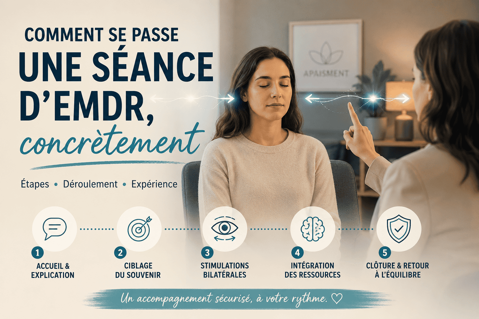 Déroulement d'une séance d'EMDR au cabinet, stimulations bilatérales