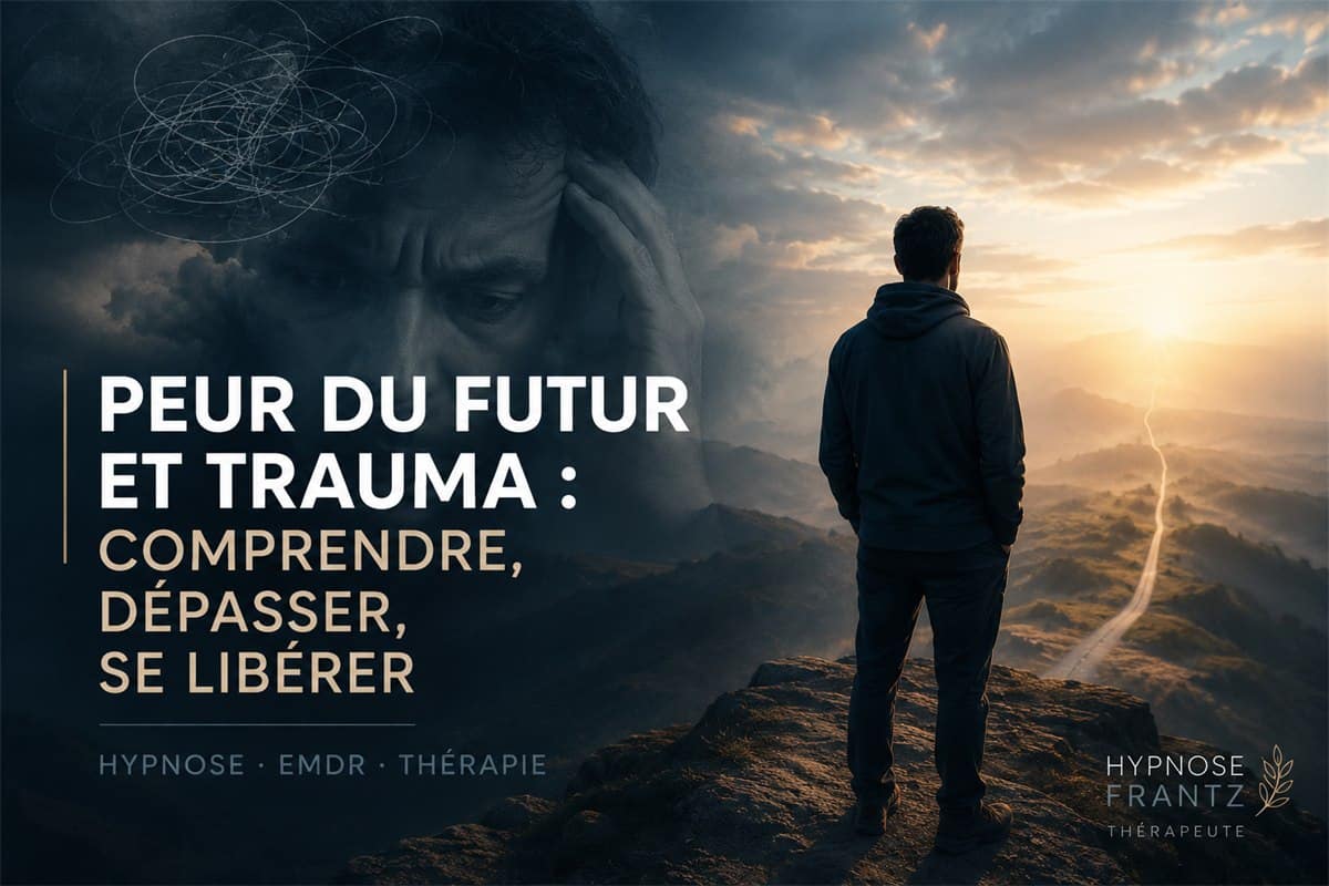 Illustration sur la peur du futur et le trauma, avec un homme face à une route lumineuse et un visage anxieux en arrière-plan.
